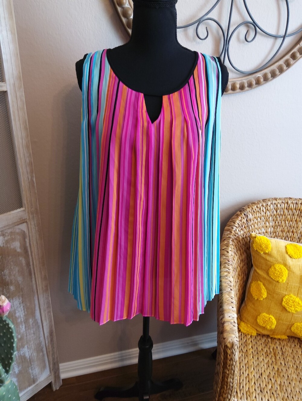 Rafaella Multicolor Striped Pleated Tank with Keyhole